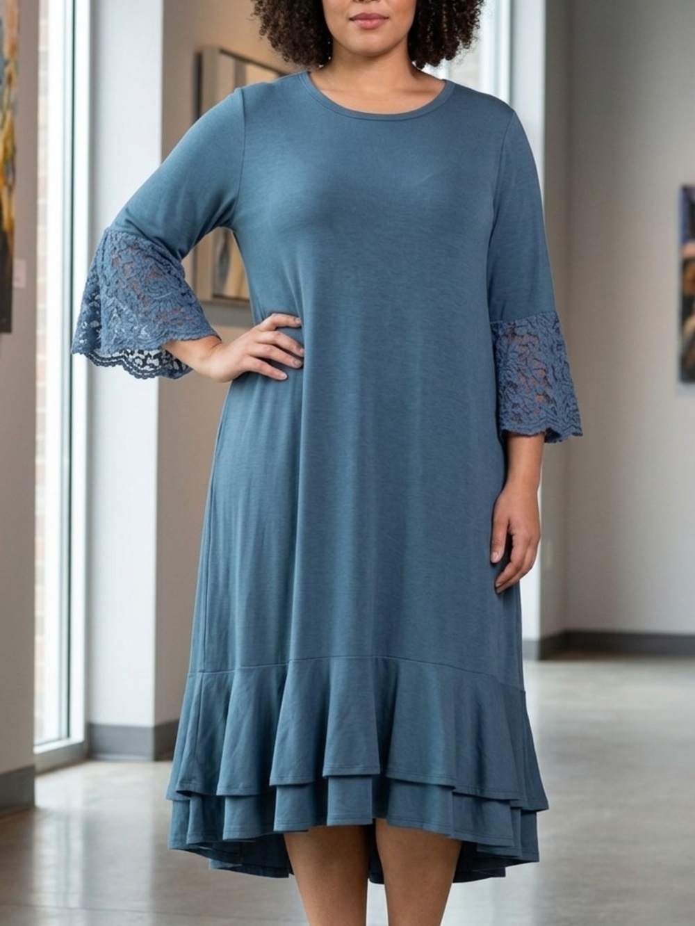 LuLaRoe Slate Blue Lace-Sleeve Midi Dress 3XL